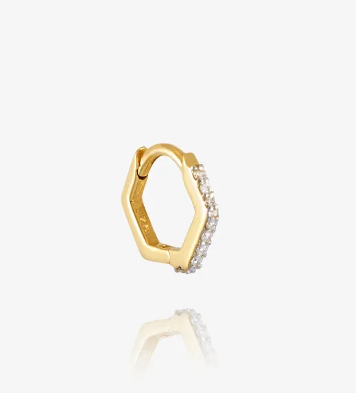 Single Solid Gold and Diamond Hexagon Huggie Hoop Earring